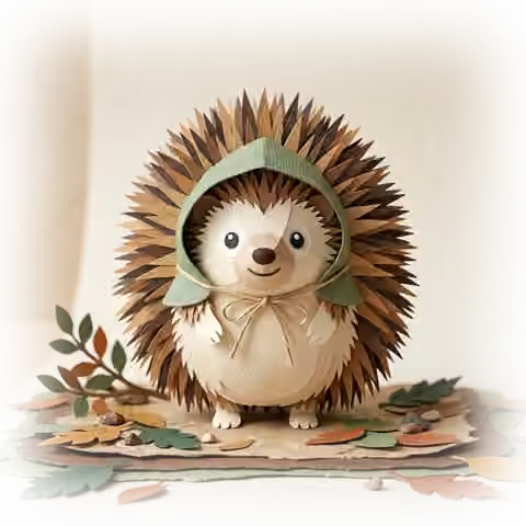 Paper hedgehog wearing a sage hood